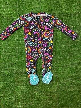 Little Bum Bums Black Love & Rainbows Print Zippy Footed Pajama Sleepsuit